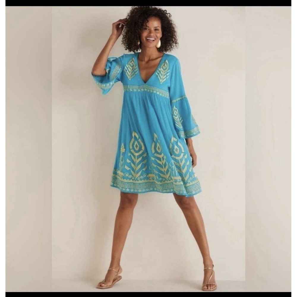 Soft Surroundings Zaneta turquoise blue gold embroidered dress SIZE PL - Picture 3 of 11